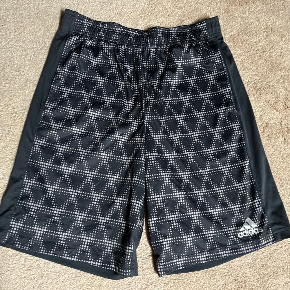 ADIDAS men’s athletic shorts - black and white designed - size medium